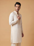 Cream White V-Neck Silk Blend Embroidered Kurta Pajama Raunak