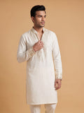 Cream White V-Neck Silk Blend Embroidered Kurta Pajama Raunak