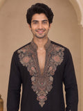 Black V-Neck Silk Blend Embroidered Kurta Pajama Priyansh