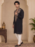 Black V-Neck Silk Blend Embroidered Kurta Pajama Priyansh