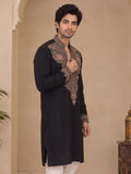 Black V-Neck Silk Blend Embroidered Kurta Pajama Priyansh