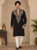 Black V-Neck Silk Blend Embroidered Kurta Pajama Priyansh
