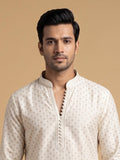Cream White Silk Blend Printed & Embroidered Kurta Pajama 2Pc Mihir
