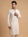 Cream White Silk Blend Printed & Embroidered Kurta Pajama 2Pc Mihir