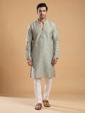 Cream White Silk Blend Printed & Embroidered Kurta Pajama 2Pc Mihir