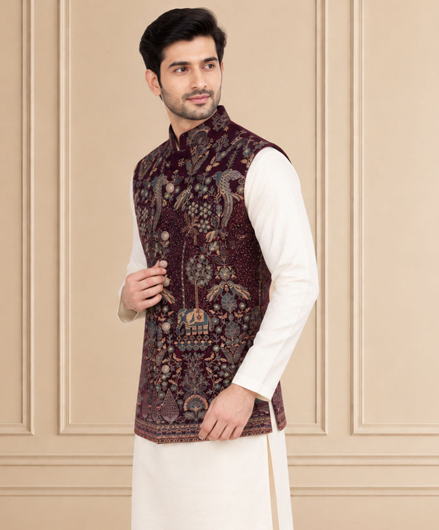 Velvet Embroidered Jawahar Jacket 1Pc Neelkanth