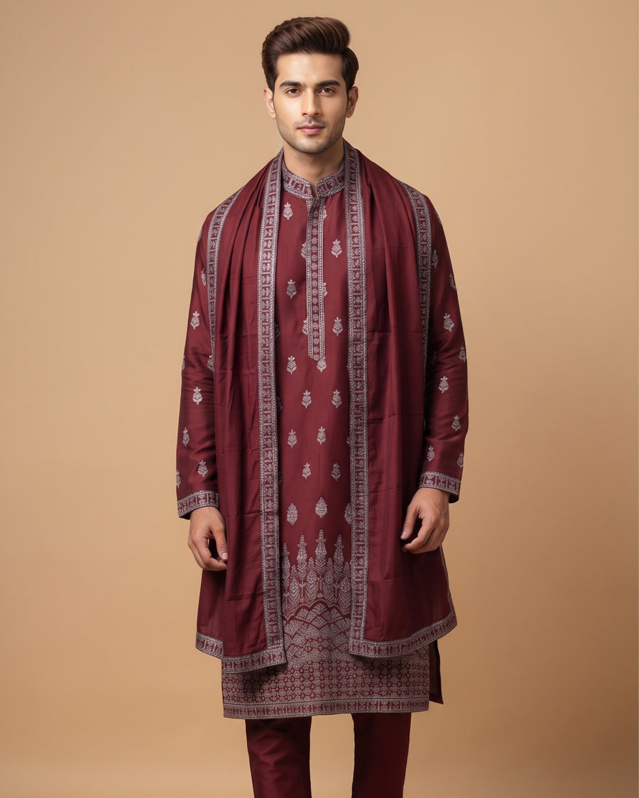 MLS EMBROIDERED KURTA PAJAMA 3PCS
