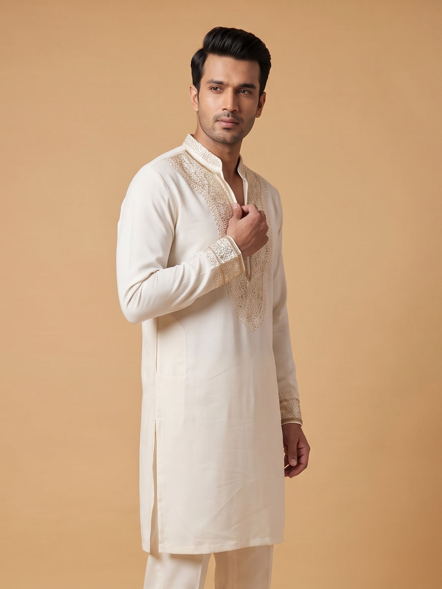 Cream White V-Neck Silk Blend Embroidered Kurta Pajama Raunak
