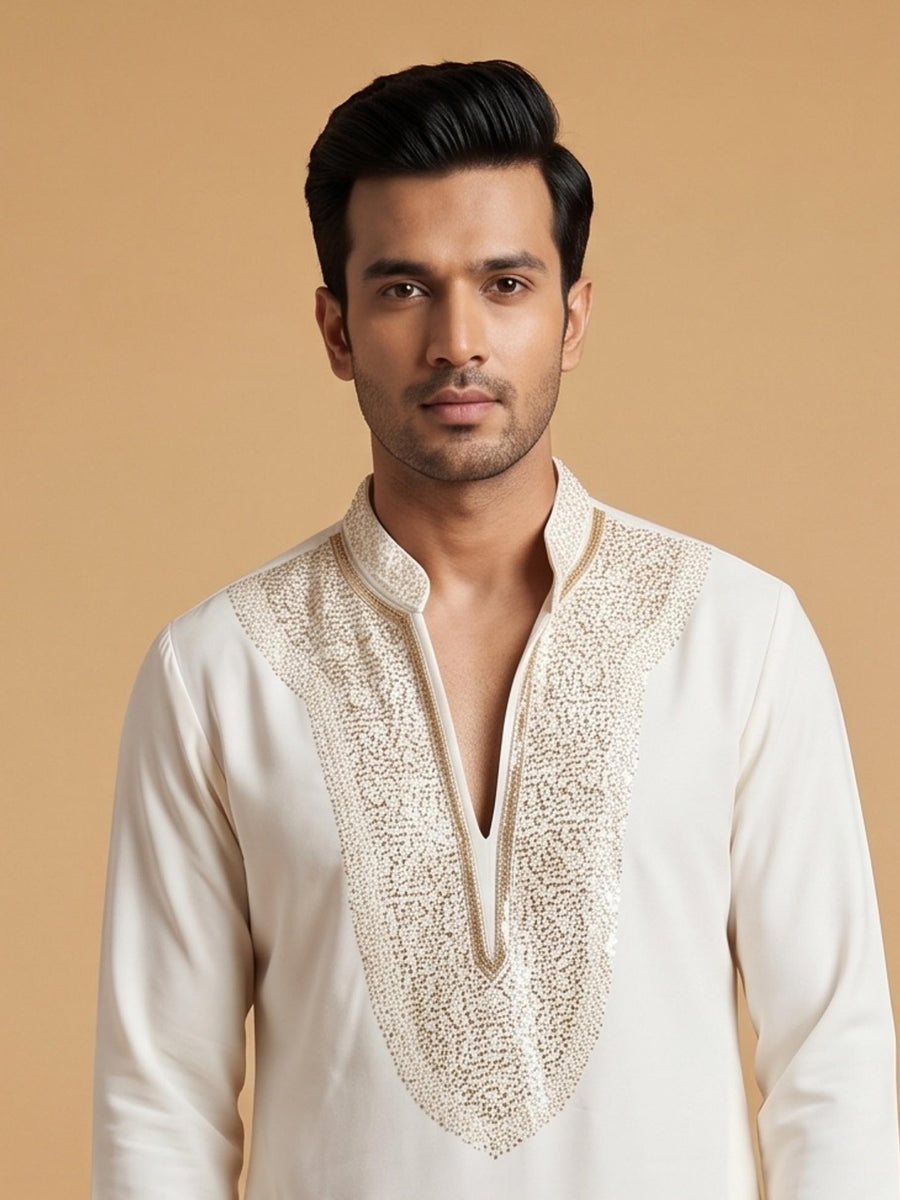 Cream White V-Neck Silk Blend Embroidered Kurta Pajama Raunak