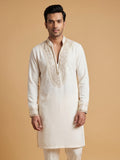 Cream White V-Neck Silk Blend Embroidered Kurta Pajama Raunak