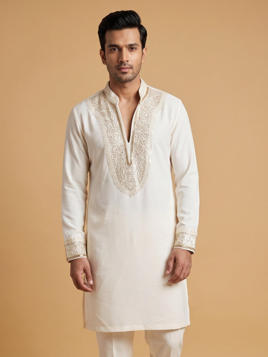 Cream White V-Neck Silk Blend Embroidered Kurta Pajama Raunak