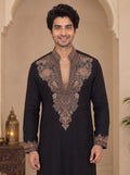 Black V-Neck Silk Blend Embroidered Kurta Pajama Priyansh