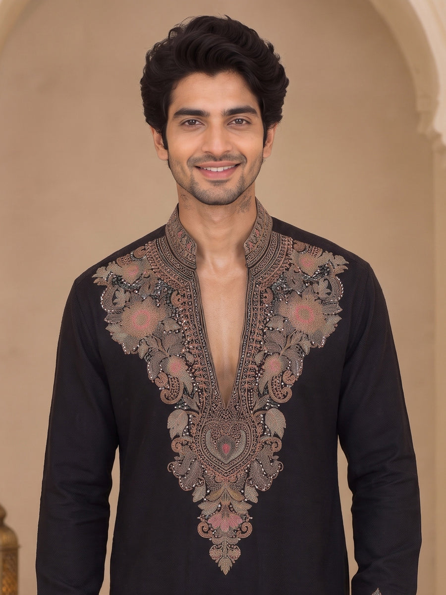 Black V-Neck Silk Blend Embroidered Kurta Pajama Priyansh
