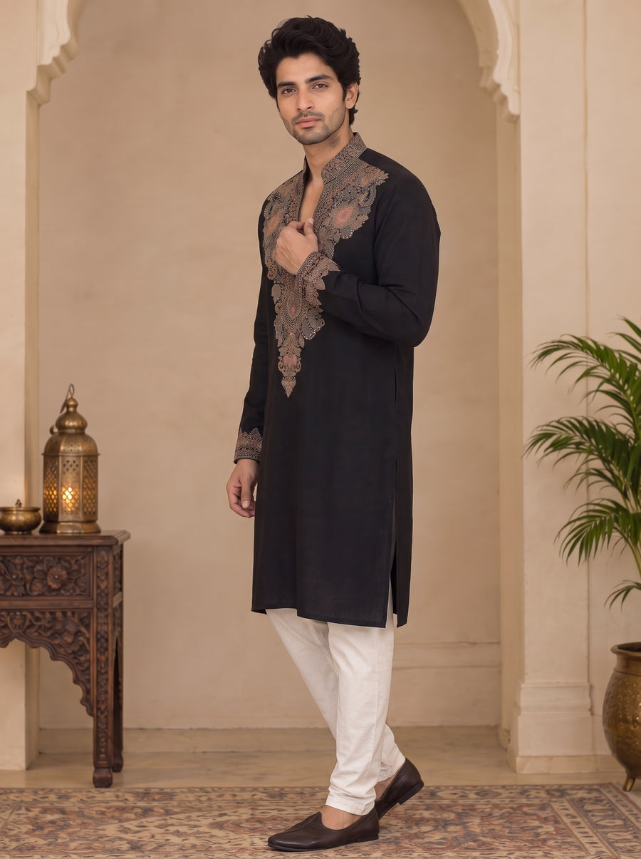 Black V-Neck Silk Blend Embroidered Kurta Pajama Priyansh