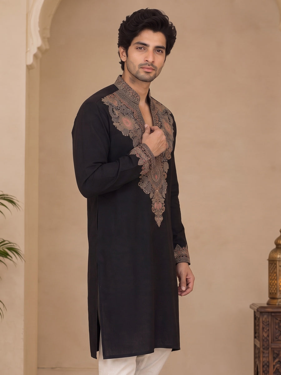 Black V-Neck Silk Blend Embroidered Kurta Pajama Priyansh