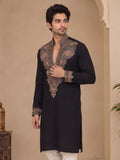 Black V-Neck Silk Blend Embroidered Kurta Pajama Priyansh