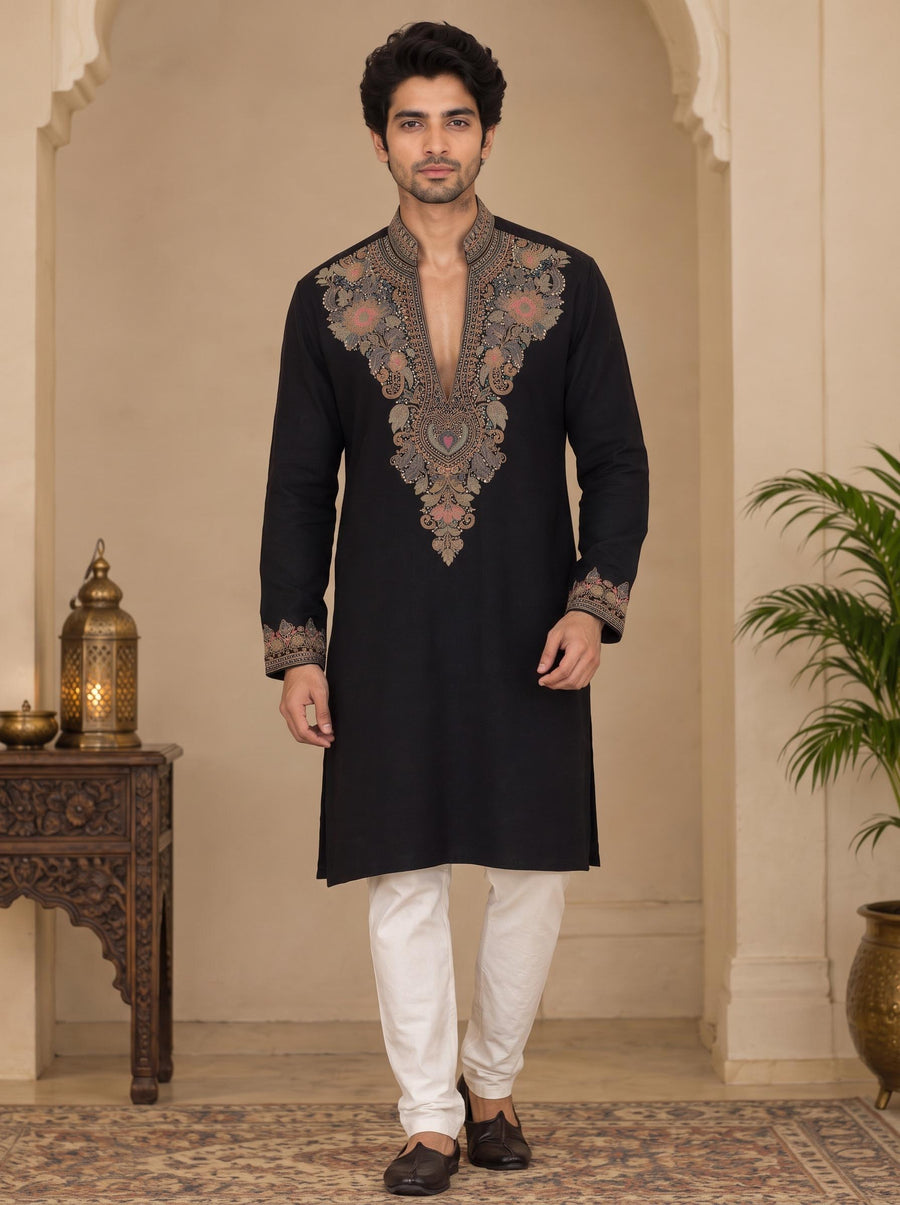 Black V-Neck Silk Blend Embroidered Kurta Pajama Priyansh