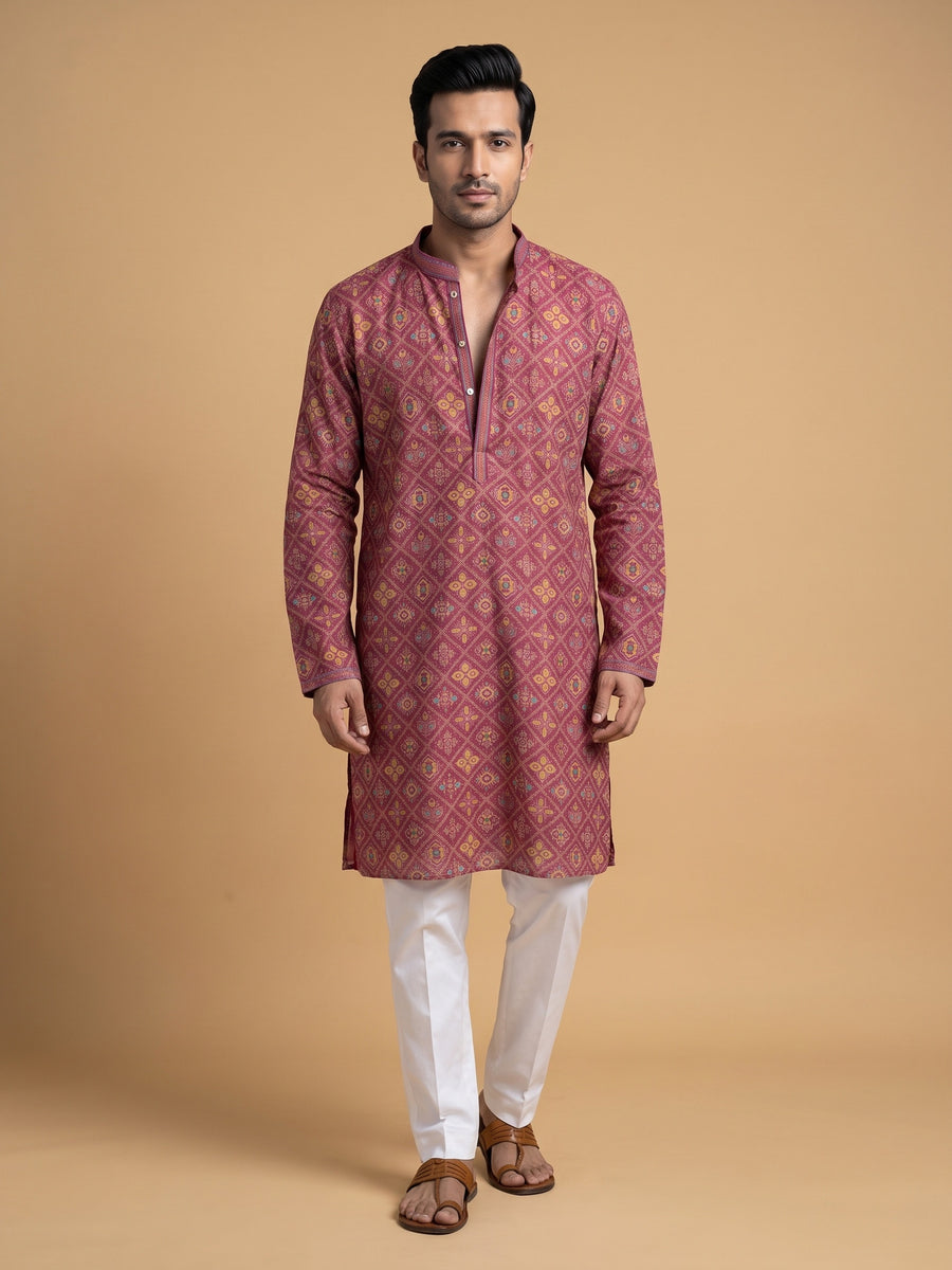Mustard Yellow Silk Blend Printed kurta Pajama 2Pc Kundan