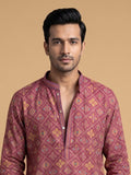 Mustard Yellow Silk Blend Printed kurta Pajama 2Pc Kundan