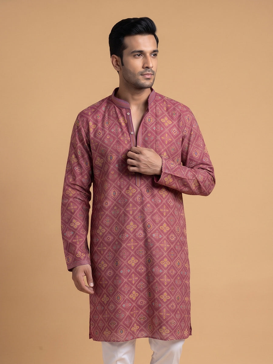 Mustard Yellow Silk Blend Printed kurta Pajama 2Pc Kundan
