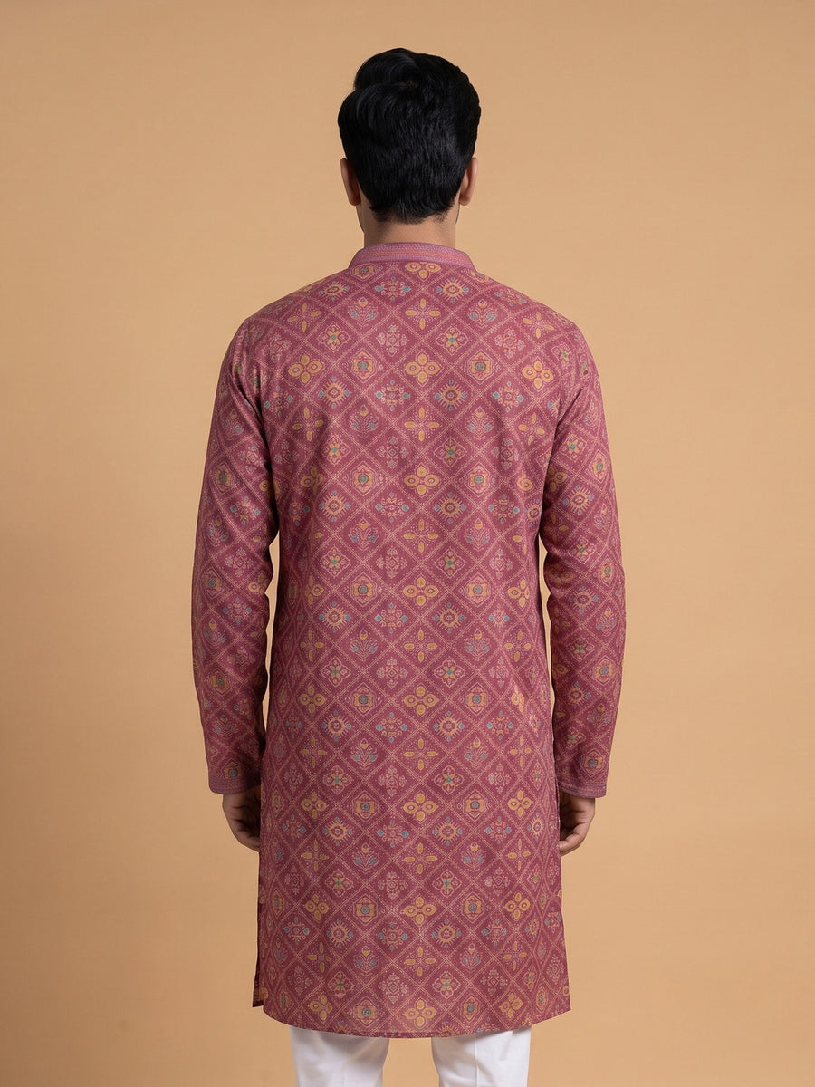 Mustard Yellow Silk Blend Printed kurta Pajama 2Pc Kundan