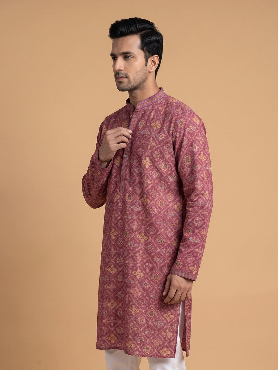 Mustard Yellow Silk Blend Printed kurta Pajama 2Pc Kundan