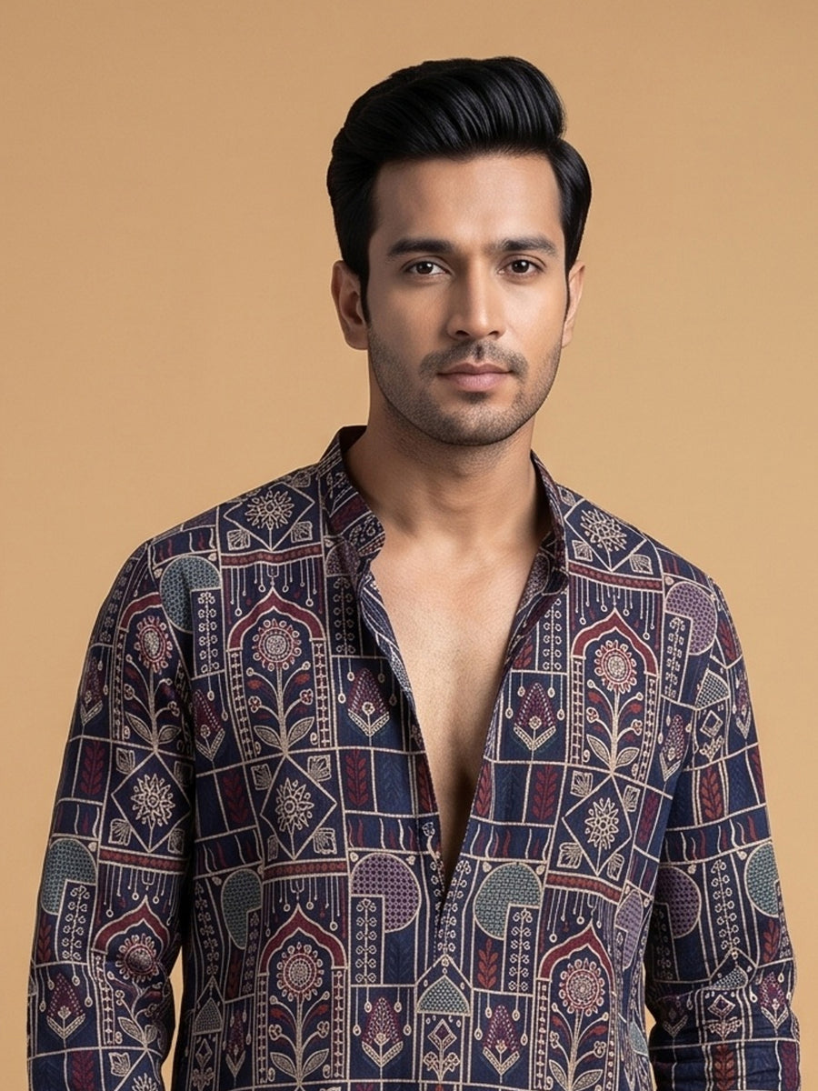 Navy Blue Japanese Embroidered Kurta Pajama 2Pc Kirnoday