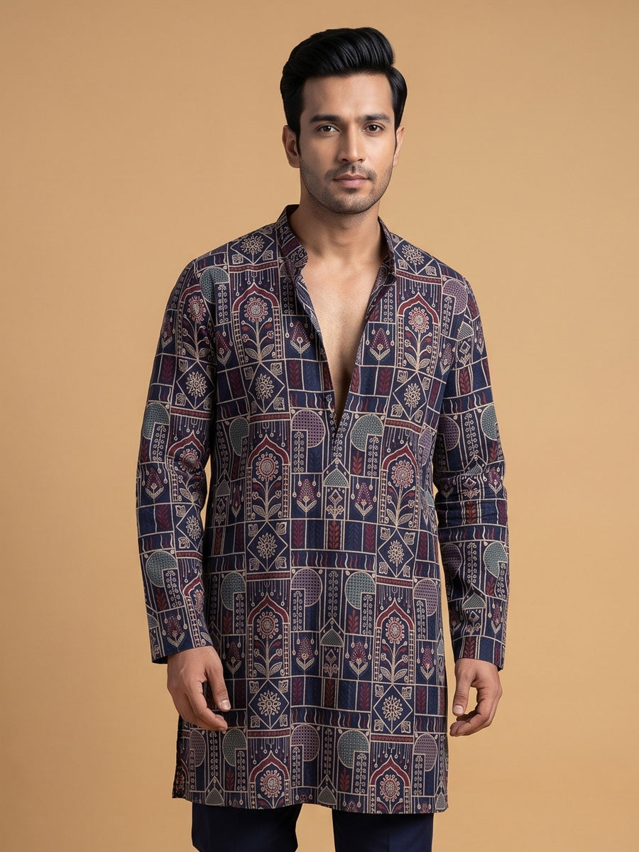 Navy Blue Japanese Embroidered Kurta Pajama 2Pc Kirnoday