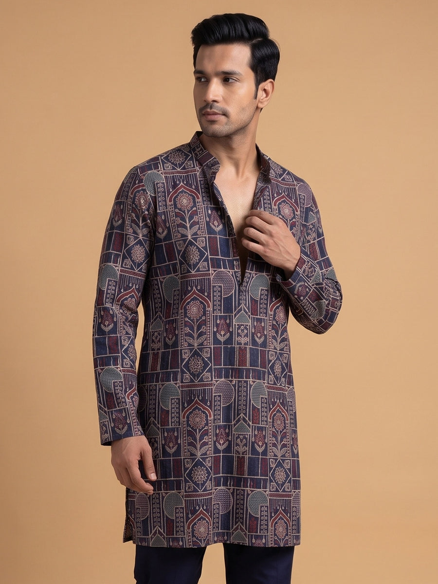 Navy Blue Japanese Embroidered Kurta Pajama 2Pc Kirnoday