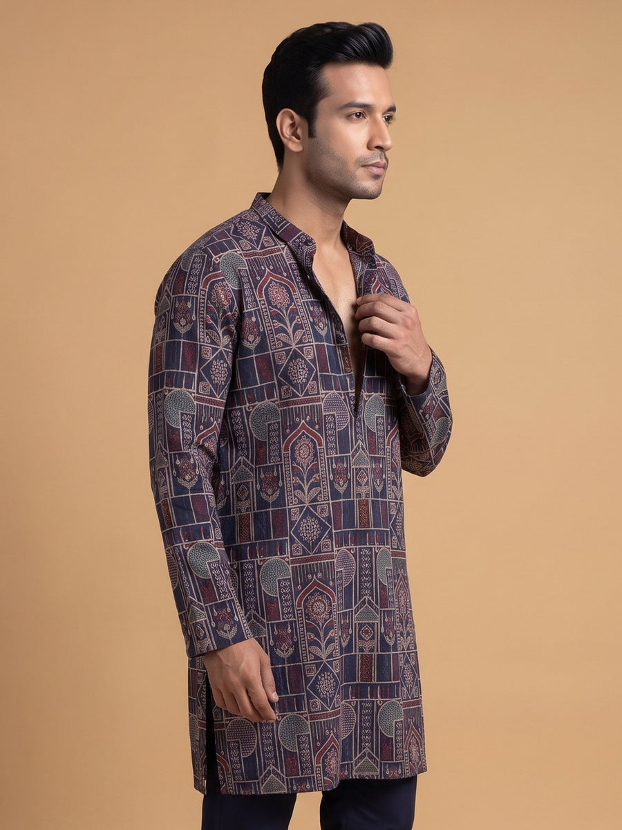 Navy Blue Japanese Embroidered Kurta Pajama 2Pc Kirnoday
