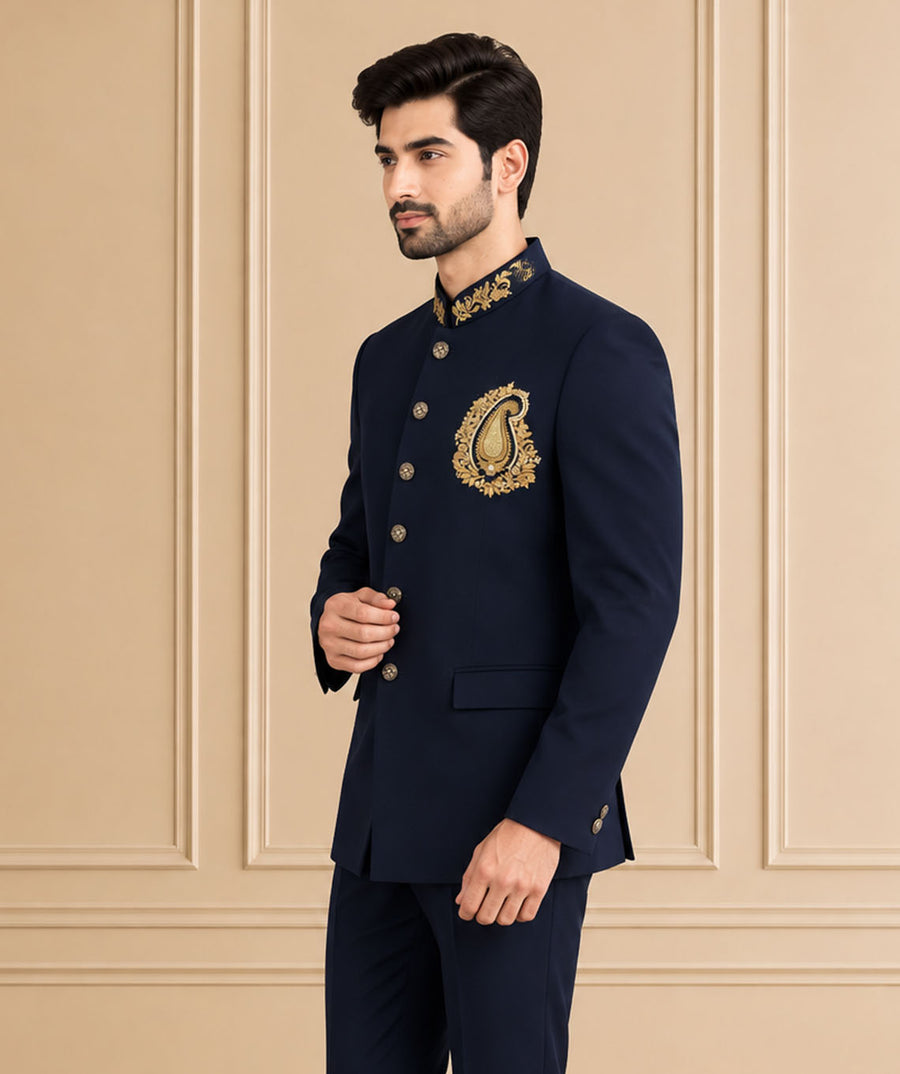 Japanese Suiting Embroidered Jodhpuri Suit 2Pc Nawab