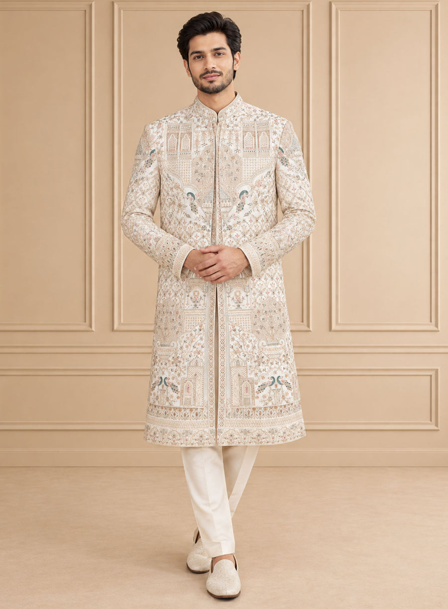 Silk Blend Embroidered Sherwani 2Pc Manohar