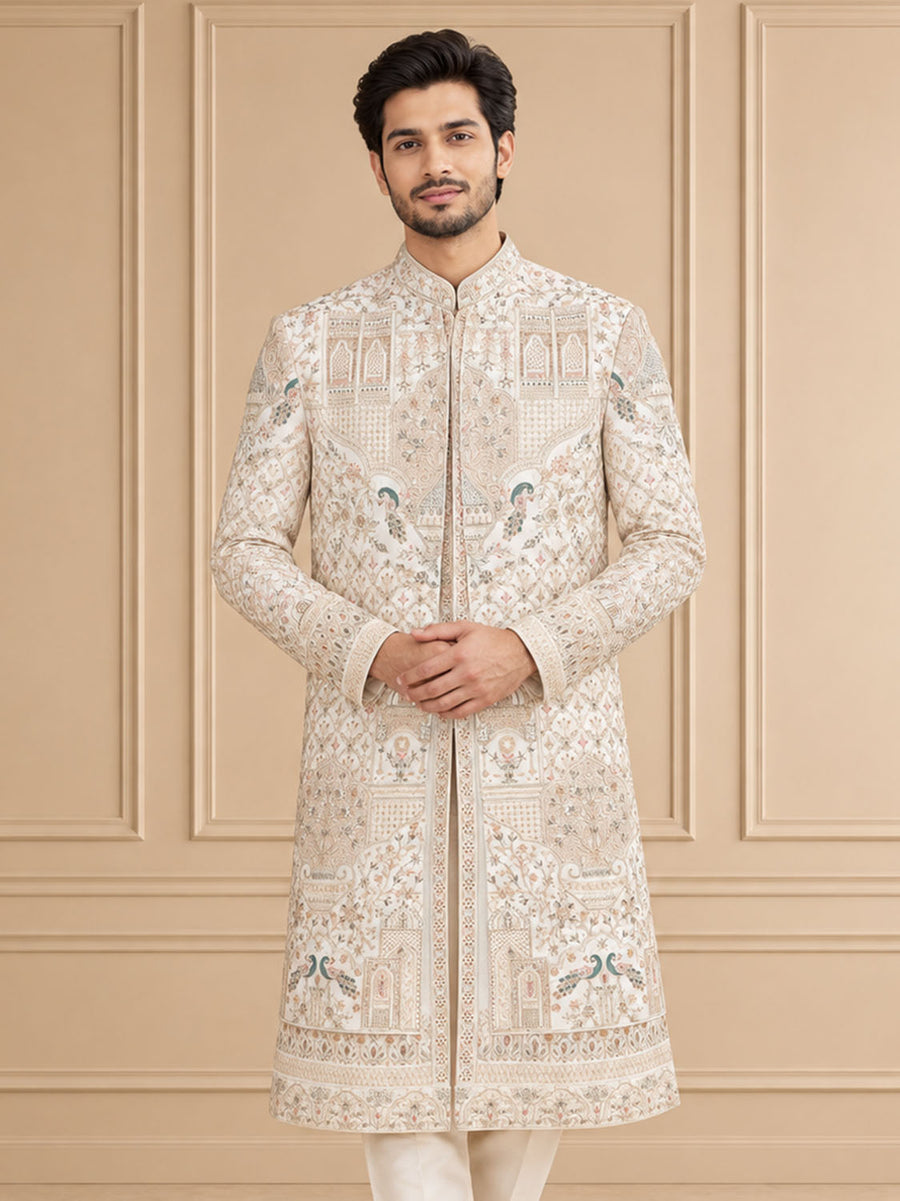 Silk Blend Embroidered Sherwani 2Pc Manohar