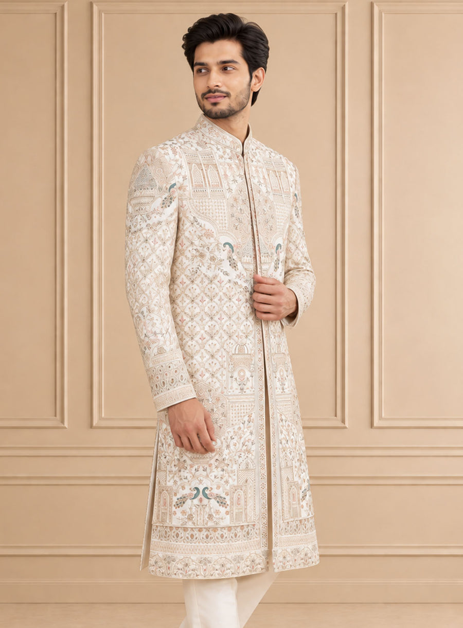 Silk Blend Embroidered Sherwani 2Pc Manohar