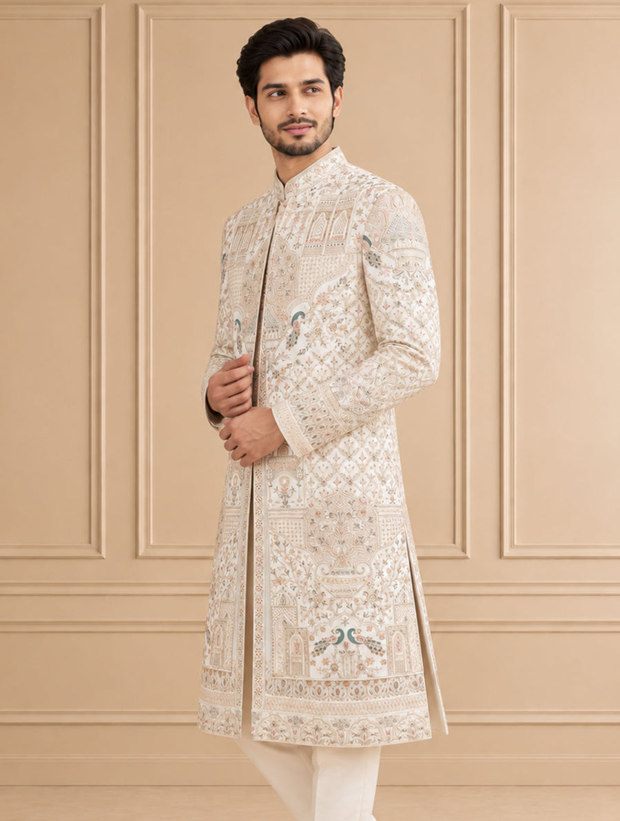 Silk Blend Embroidered Sherwani 2Pc Manohar
