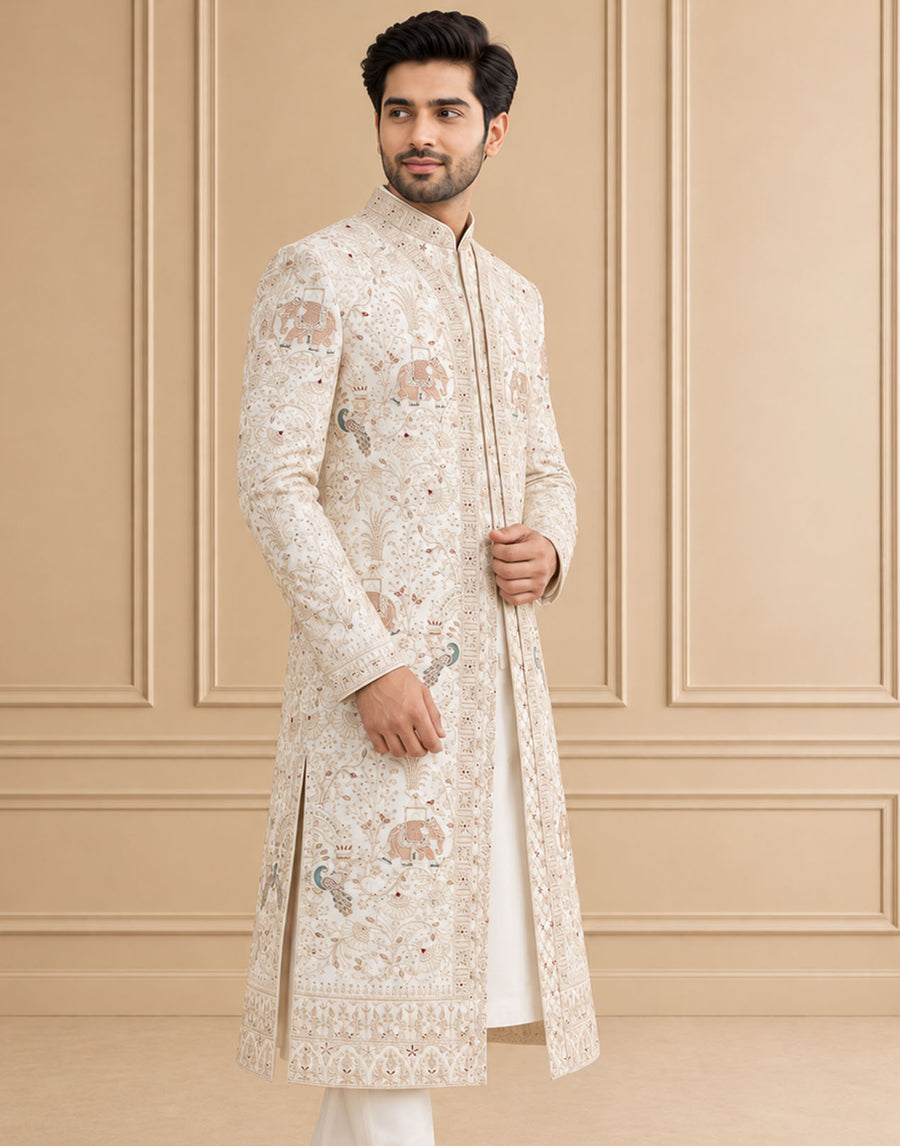 Cream Silk Blend Embroidered Sherwani 2Pc Mahoday