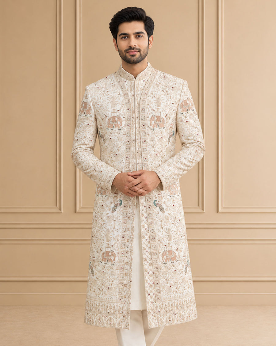 Cream Silk Blend Embroidered Sherwani 2Pc Mahoday