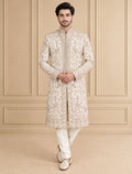 Cream Silk Blend Embroidered Sherwani 2Pc Mahoday