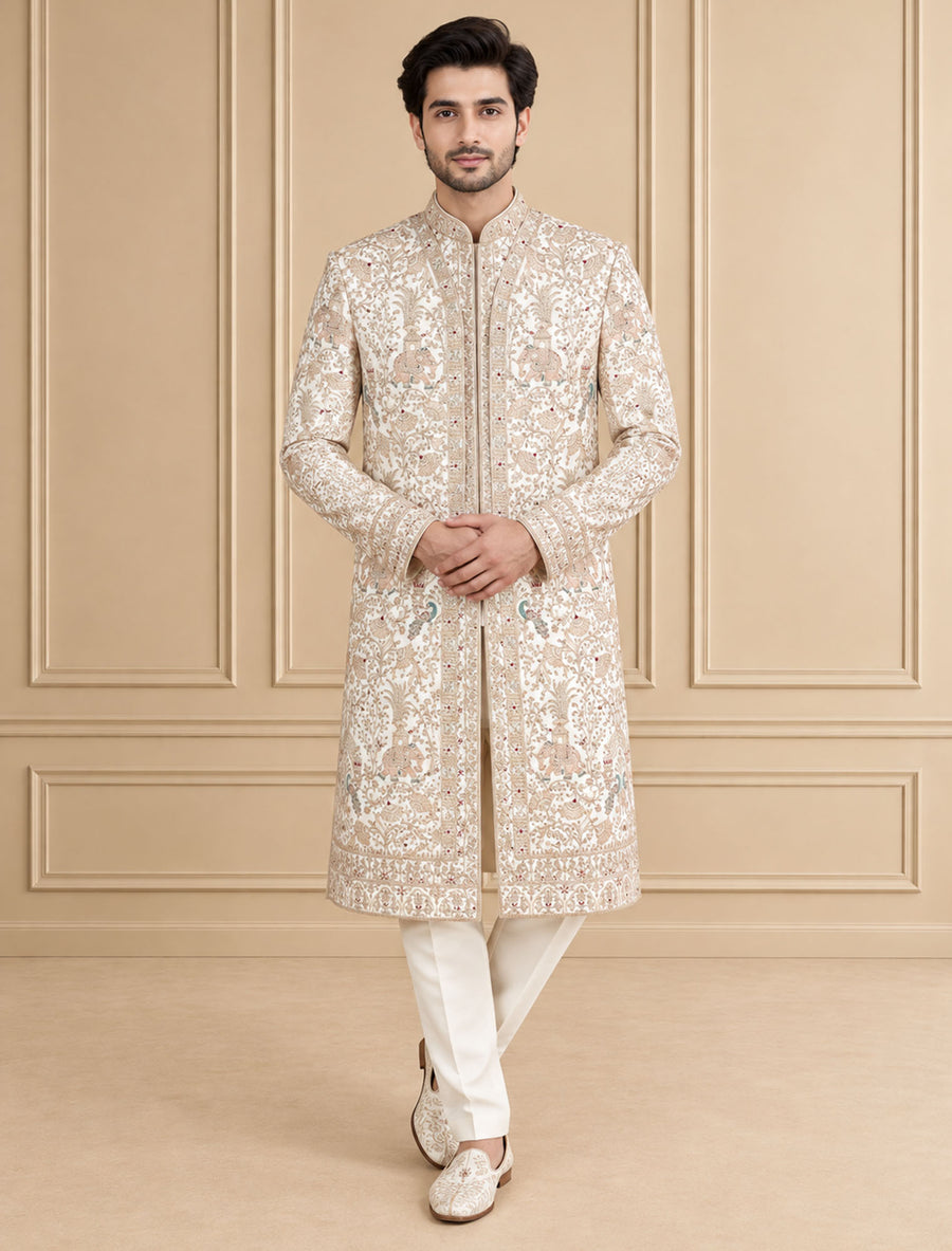 Cream Silk Blend Embroidered Sherwani 2Pc Mahoday