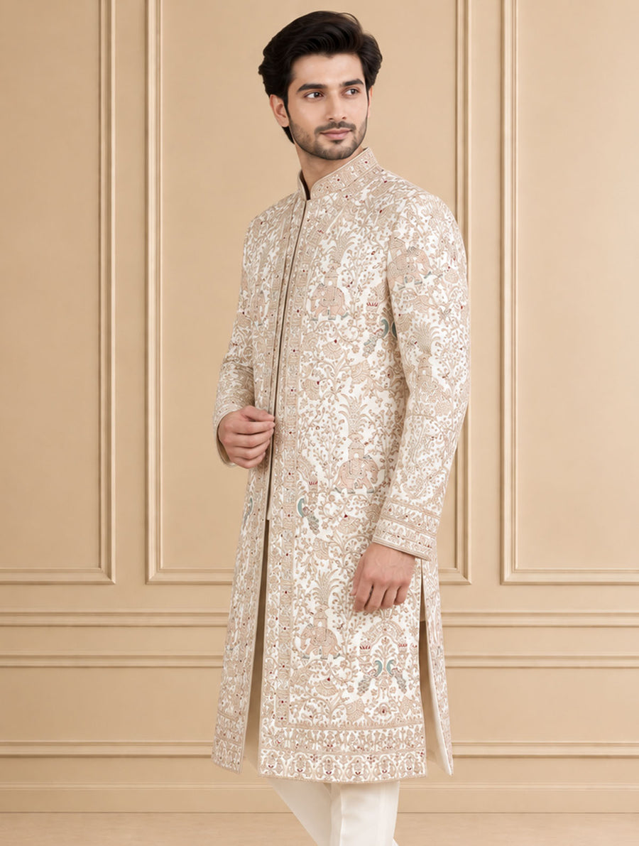 Cream Silk Blend Embroidered Sherwani 2Pc Mahoday