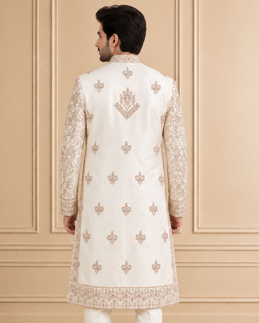 Cream Silk Blend Embroidered Sherwani 2Pc Mahoday