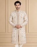Cream Silk Blend Embroidered Sherwani 2Pc Mahoday