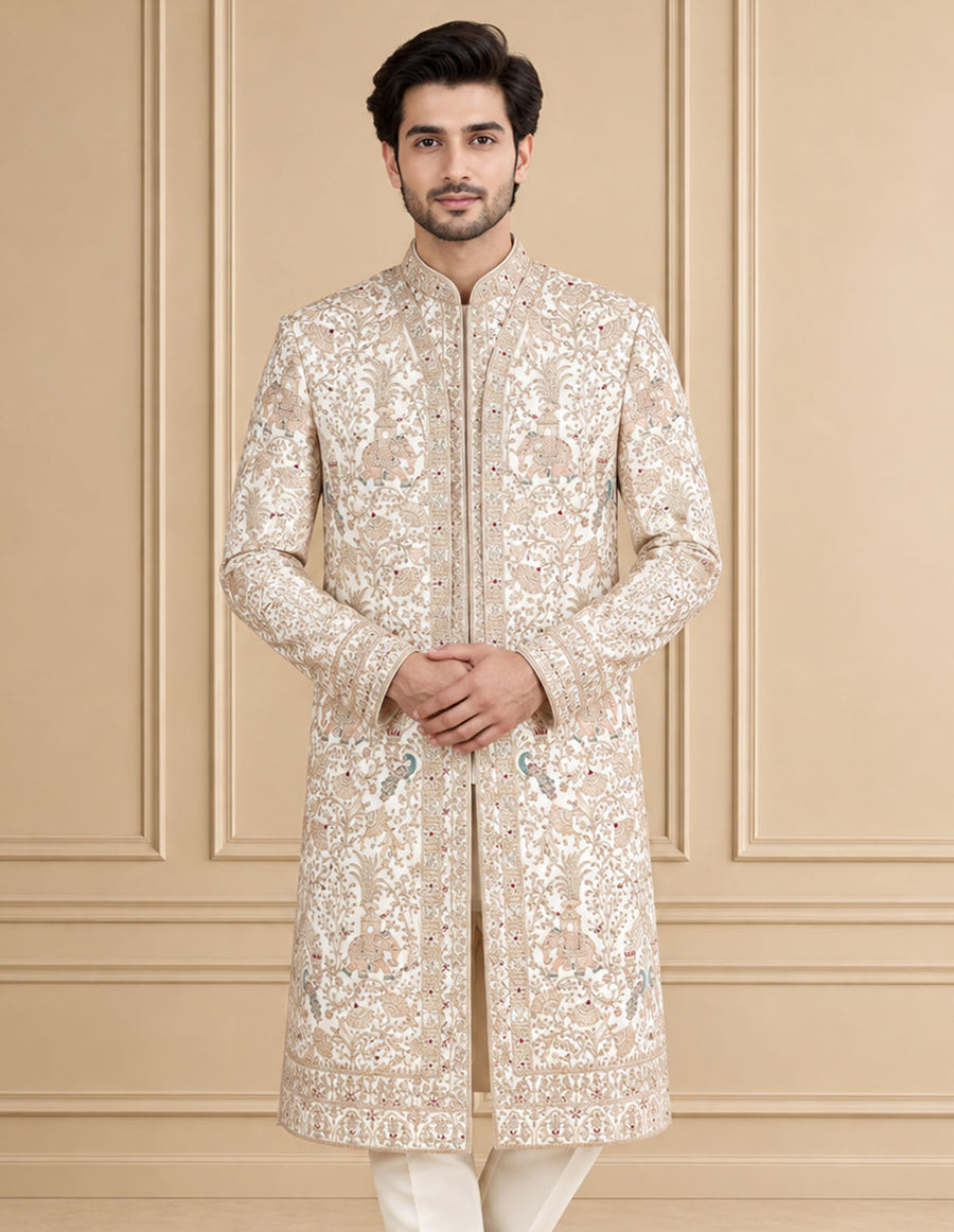 Cream Silk Blend Embroidered Sherwani 2Pc Mahoday