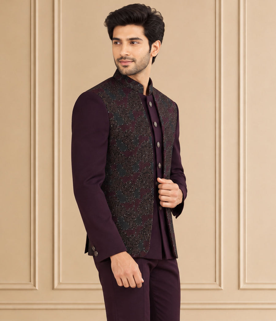 Velvet & Japanese Self Textured Jodhpuri Suit 2Pc Rajas