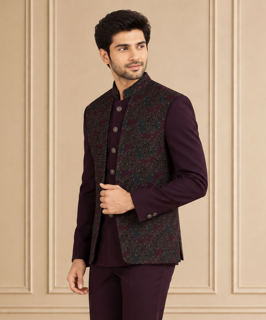 Velvet & Japanese Self Textured Jodhpuri Suit 2Pc Rajas