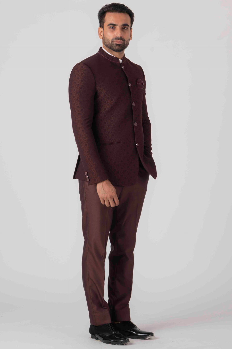 Contrast Trim Cotton Linen Jodhpuri Suit in Maroon : MNB925