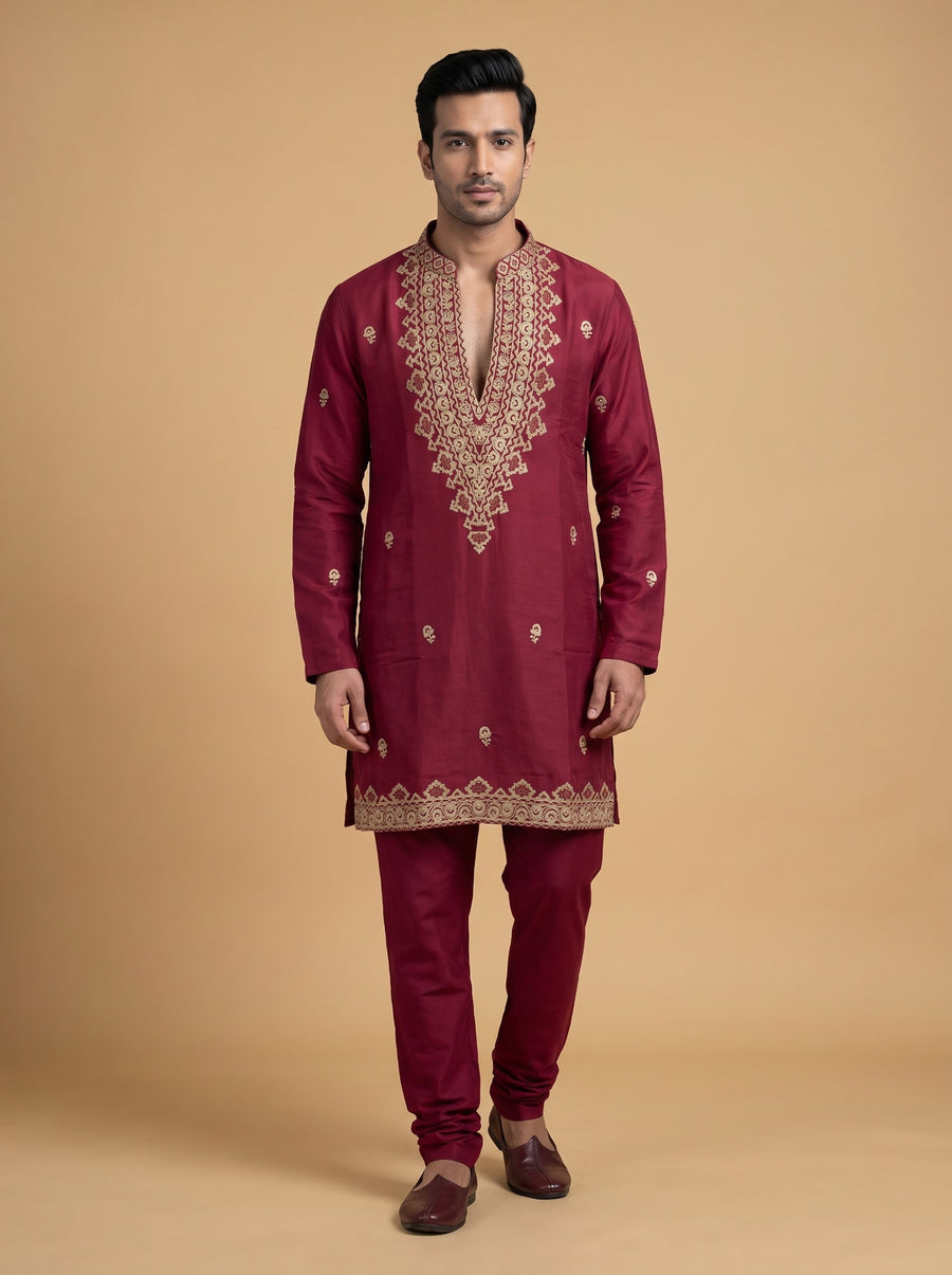 Silk Blend Embroidered Kurta Pajama 2Pc Gul-E-Rang