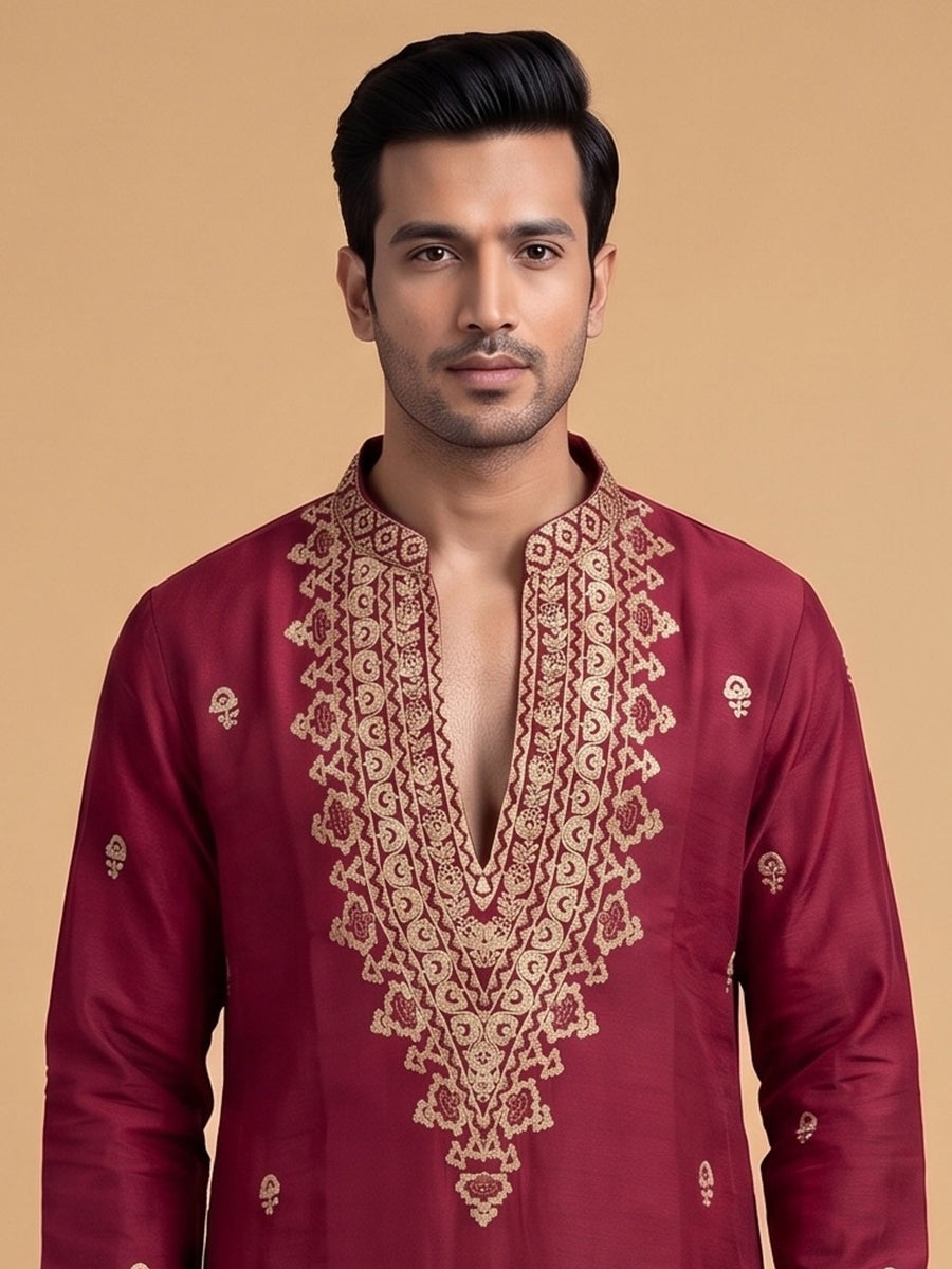 Silk Blend Embroidered Kurta Pajama 2Pc Gul-E-Rang