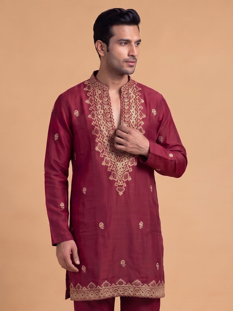 Silk Blend Embroidered Kurta Pajama 2Pc Gul-E-Rang