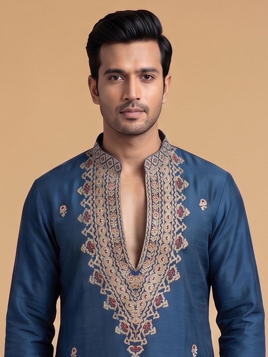 Silk Blend Embroidered Kurta Pajama 2Pc Gul-E-Rang
